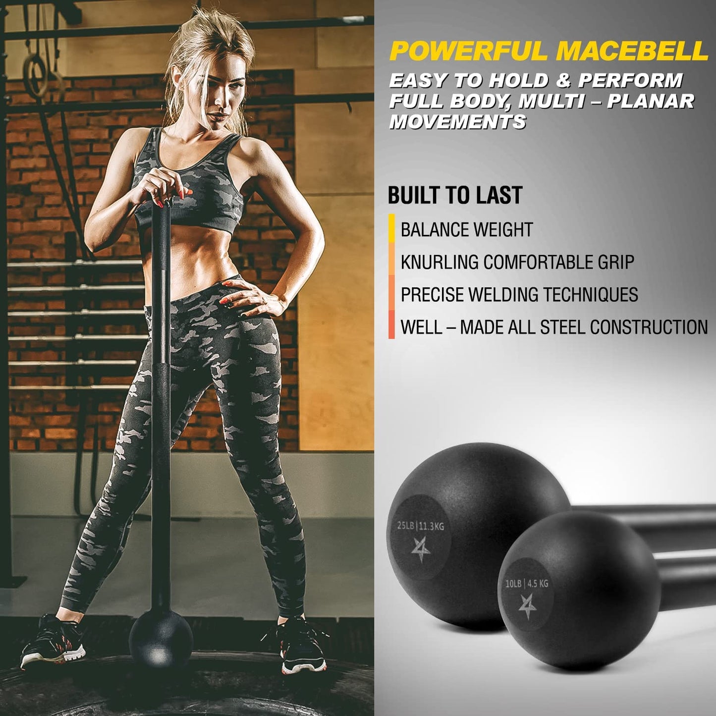 Steel mace for a complete workout: Strengthens your body, shoulders, and forearms. Ideal for strength, rehabilitation, and stretching. Weights range from 5 to 30 pounds.