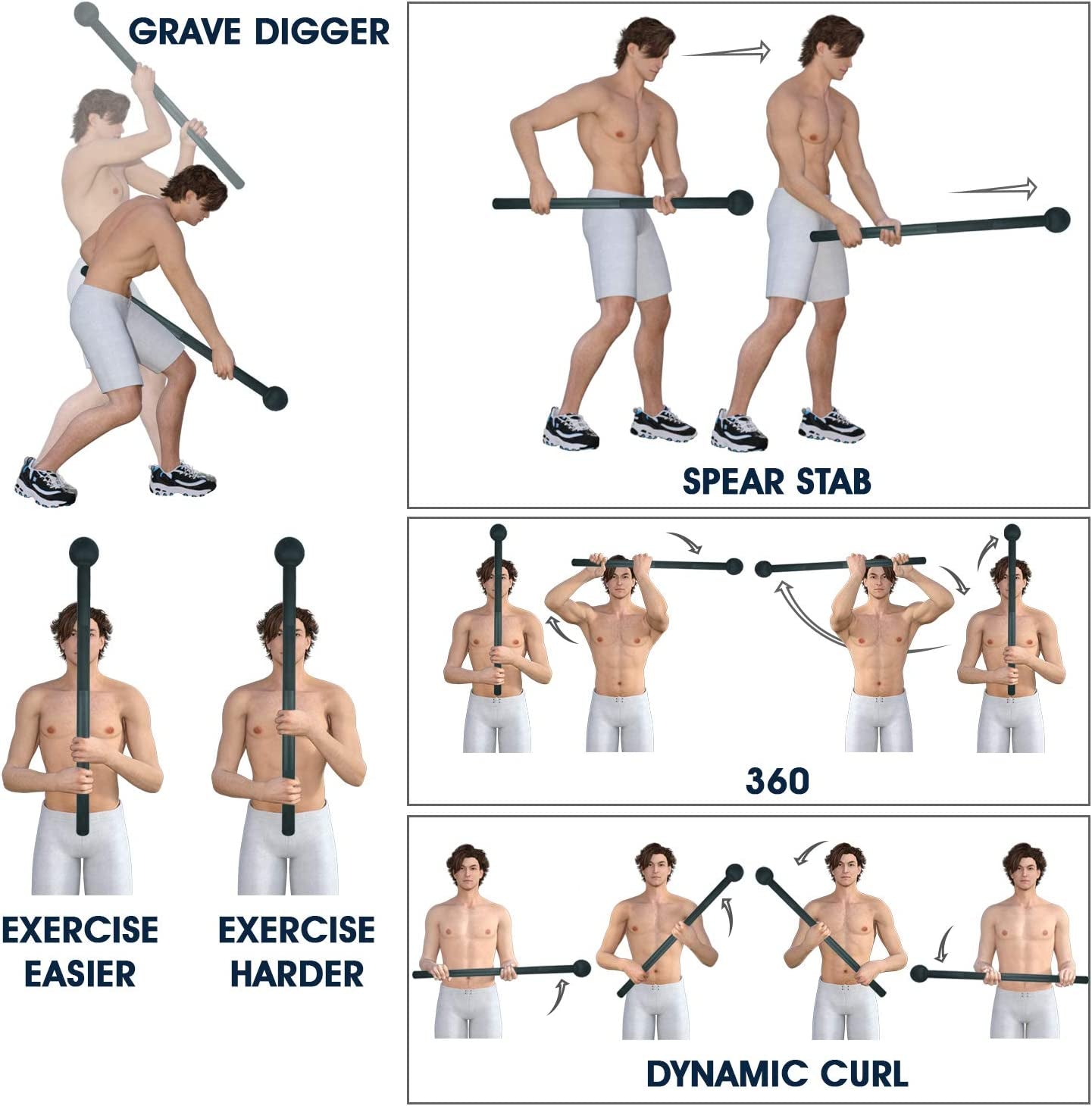 Steel mace for a complete workout: Strengthens your body, shoulders, and forearms. Ideal for strength, rehabilitation, and stretching. Weights range from 5 to 30 pounds.